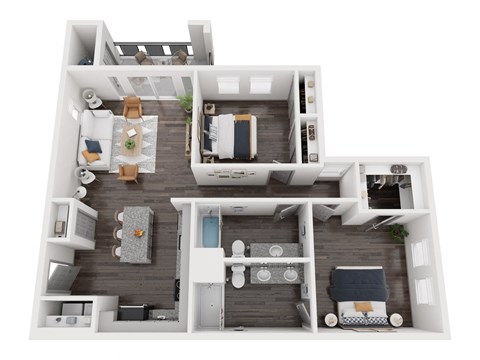 Floor plan for 2 beds, 2 baths, 1086 sqft